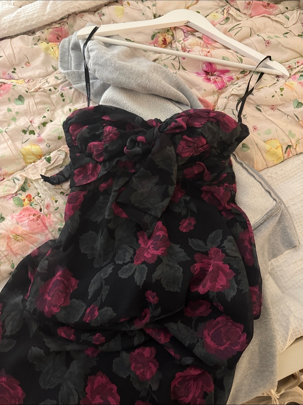 For Love And Lemons Black Maxi Dress with Deep Pink Floral Print